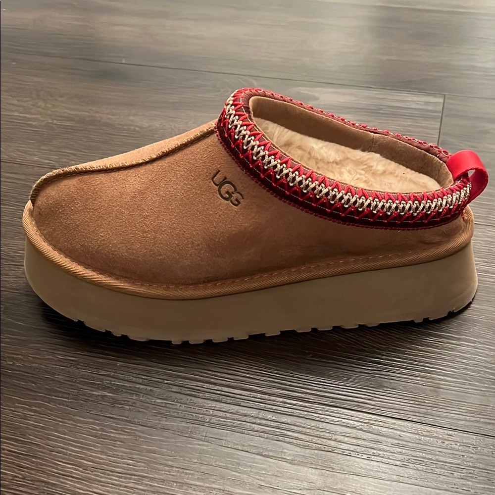 UGG Tan and Red Platform Slippers